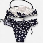 None Navy white girly Cottagecore dainty polka dot butterfly ruffle tie halter bikini Photo 5
