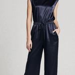 Melissa Nepton Jumpsuit Women XS Navy Satin Lauren Relaxed Pockets Cap Sleeve Blue Photo 0