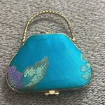 Vintage Double Mirror Satin Purse Gold Tone metal frame in a blue Floral Pattern Photo 2