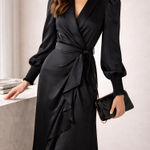 Rachel Parcell Black Satin Wrap Style Midi Dress with Puff Sleeves Photo 0