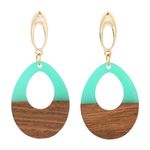 Teal Wooden Geometric Teardrop Earrings - Acrylic Resin Lightweight Wood Photo 2