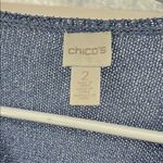 Chico's Women's Top 2 L Sm Blue Metallic Knit Asymmetric Hem Stretch casual work Photo 3