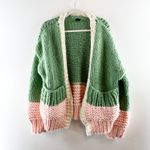 Anthropologie Saachi Hand Knit Chunky Cardigan Colorblock Sweater Green Pink O/S Photo 4