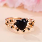 Black Heart Gemstone Ring Set Gold Plated Bridal Engagement Wedding Size 8 NWT Photo 4