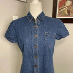 Vintage Denim Shirt Dress 10 Collared Short Sleeve Snap Button Front Cotton 90s Blue Photo 1