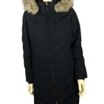 Talbots Down Puffer Coat in navy with fur trimmed hood size medium Photo 0