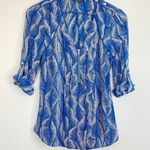 Warehouse blue feather print pleated zip front tab sleeve blouse size 2 XS Photo 12