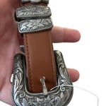 Brushed silver buckle smooth leather belt Brown Photo 0