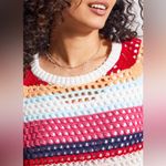 Boutique Tribal Multicolor Open Crochet Knit 3/4 Sleeve Sweater Shirt Red Size M Photo 2