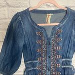 Keer Qiaowa Bohemian Cross Stitch Button Down Denim Knee Length Dress Blue Photo 5
