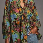 Anthropologie đź’•MILLE RESORT & TRAVEL đź’• Blair Blouse ~ Tie Neck Green Motif XS Photo 0