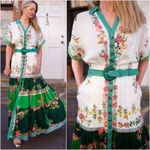 Saloni Riya B Dress in Zinnia River US 2 / UK 6 NEW Green Belted White Photo 3