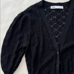 ZARA Pointelle Knit Short Sleeve Button Down Crop Cardigan Black Sz L Photo 3