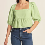 Abercrombie & Fitch 🆕 Puff Sleeve Poplin Squareneck Top in Soft Sage Green Photo 0
