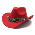 Red‎ Western Cowboy, Cowgirl Hat, Bead Tassle Strap, Men Women Retro Wide Brim Red Photo 4