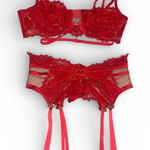 For Love & Lemons  Rosa Lace Heart Bra and Garter Belt, Red, Small Photo 0