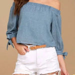 Lulus Tender Moments Chambray Off the Shoulder Tie Sleeve Cropped Blouse Top Photo 0