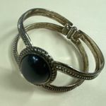 Silver Color Cuff Bracelet Black Cabochon Center Womens Aged Patina Photo 12