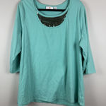 Quacker Factory  Womens Top 2X Blue‎ Sequin 3/4 Sleeve Blouse 100% Cotton Mature Photo 0