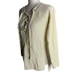 Guess  Cable Knit V Neck Sweater S Cream Lace Up Front Long Sleeves Stretch Photo 2