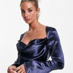 ASOS  DESIGN Cowl Neck Mini Dress With Drape Skirt Blue Satin Size 14. NEW Photo 3