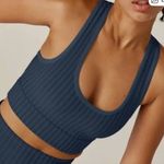 Beyond Yoga Like New  Work It Over Long Line Sports Bra Navy Stripe XL Retail $70 Photo 2