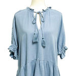 Umgee  Dusty Blue V Neck Tie Half Dolman Sleeve Ruffle Linen Oversized Top Small Photo 0