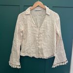 ZARA  button down beige linen fringe top Photo 7