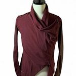 Burgundy Moto Jacket Faux Leather Sleeve Drape Front Cardigan Asymmetrical Red Size XS Photo 1