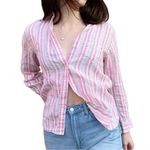 Ralph Lauren 100% Linen Coastal Beachy Striped Button Down Summer Shirt Small Pink Photo 0
