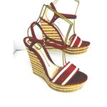 Gucci  Red White Canvas Leather Cork Wedge Summer Ankle Strap Platform Sandals 40 Photo 8