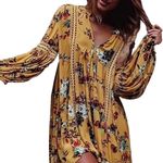 Womens Floral Boho Crochet Accent Lantern Sleeve Dress sz small Yellow Photo 6