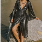 NWT Caroline Constas Gunmetal Silver Draped Style Metallic Shimmer Dress Large Photo 1