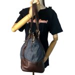 Burberry BLUE LABEL Denim Top Zip Shoulder Bag w/ Adj Brown Leather Straps RARE Photo 2