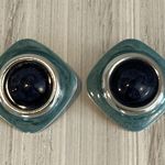 Love These! Funky Mod Pierced Earrings Silver Tone Metal W Teal & Navy Enamel Blue Photo 0