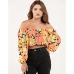 Billabong Yellow Orange Pink Floral Sun City Puff Sleeve Crop Blouse Large Photo 6