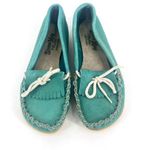 Vintage Sioux Mox Women's Suede Leather Tri Stitch Moccasins Turquoise Size 6 Blue Photo 1