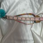 Handmade  Pink and Yellow Floral Wristlet Keychain with Blue Pompom Photo 3