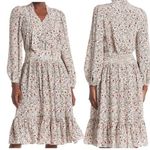 frame denim  100% Silk Floral Print Cottagecore Ruffle Tie Neck Midi Dress Small Photo 1