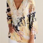 Soft Surroundings Vigne Tropical Yellow Black Shell Tunic Blouse Pearl Sz Small Photo 0