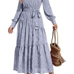 Dowerme Women's Long Sleeve Button Up Floral Print Belted Tiered Boho Maxi Dress Blue Size L Photo 0
