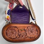 Vintage 1970s Tooled Leather Floral Crossbody Bag with Embroidered Strap Brown Photo 11