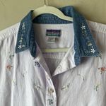 Vtg Button Up top Embroidered Contrast Collar 2x Cottage Boho ditsy floral prep Purple Photo 1