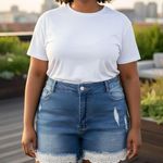 NWT ~ Women's Plus Size Stretch Denim & Lace Blue Jeans Shorts & Frayed Hem ~ 3X Photo 0