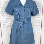 Indulge  Chambray Button Up Belted Short‎ Sleeve Shirt Dress Denim Blue Large Photo 0