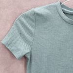 Victoria's Secret  Pink Logo Blue Ribbed Short Sleeve Cropped Tshirt Top S Small Photo 3