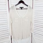 89th & Madison Striped Shirt V Neck Pocket Tee Roll Sleeve Beige White‎ Medium Tan Photo 6