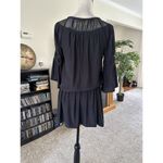 Ramy Brook  Women's Sheer Silk Belted Dress Navy Blue Drop Waist Tiered Sleeves Photo 3