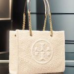 Tory Burch ELLA LOGO CREAM BOUCLE TOTE BAG LEATHER/CHAIN HANDLE NWT $698 RARE Photo 3