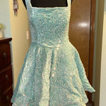 NWOT light blue fuzzy sequined sleeveless prom dress size 6 with large bow Photo 0